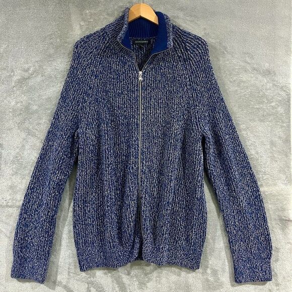 Banana Republic Zip Marled Blue Mock Neck 100% Cotton Thick Ribbed Sweater Sz XL - Picture 1 of 7
